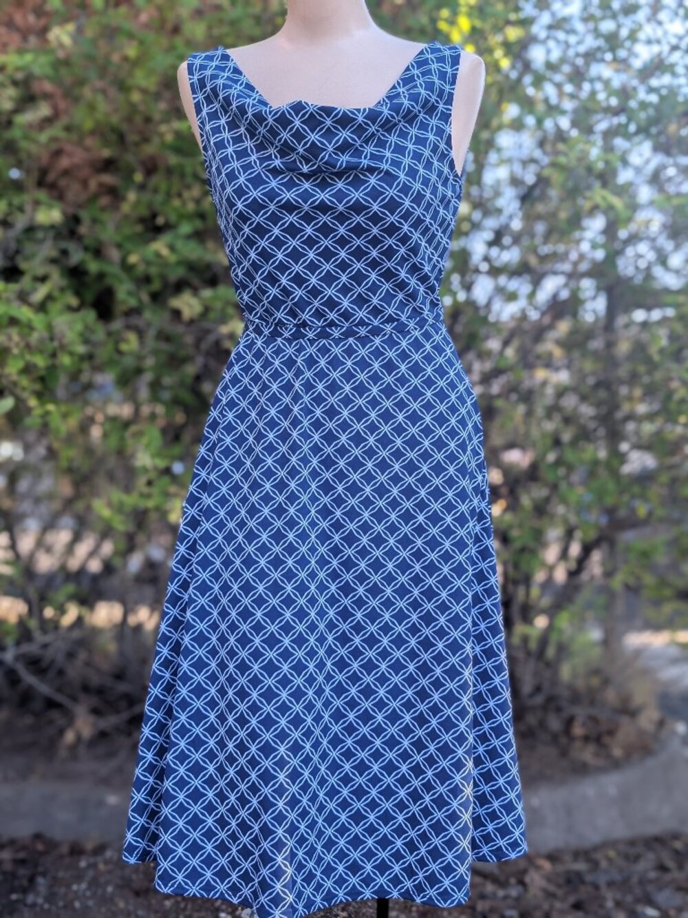 Express Blue Geometric Cowl Neck Dress 3/4 Fit Flare Y2K Retro Pinup Workwear